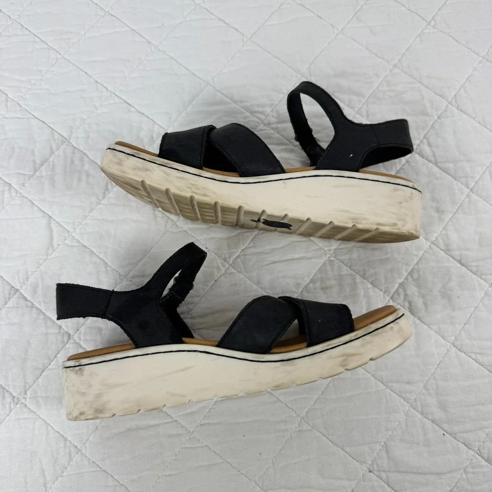 BORN Katrina Leather‎ Ankle Strap Platform Wedge Sandals Women Size 8M Black